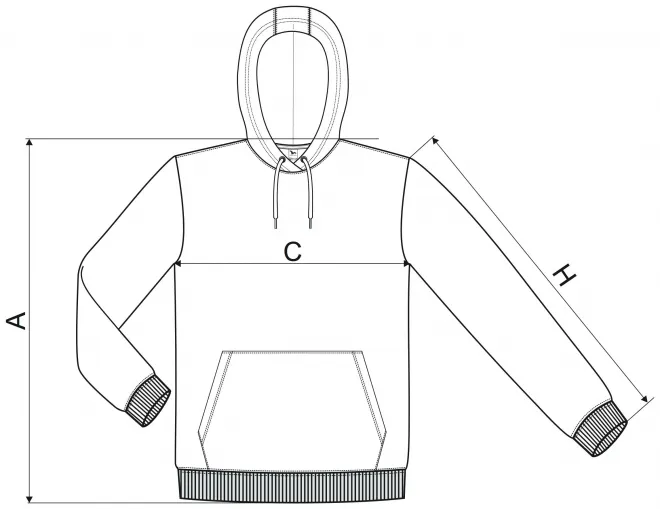 Sudadera de hombre con capucha sin cremallera - tabla de dimensiones