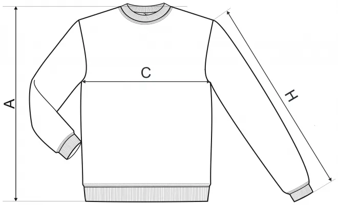 Sudadera para hombre / niño por encima de la cabeza, sin capucha - tabla de dimensiones