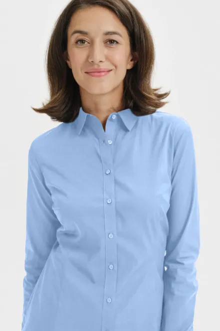 Blusa de algodón para mujer con mangas largas., cielo azul