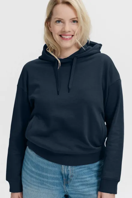 Cómoda sudadera de mujer con capucha., azul oscuro